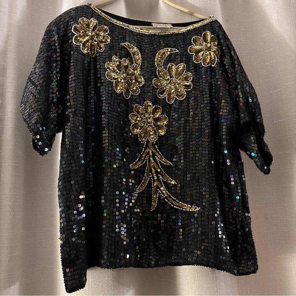 Vintage Size 20 CeeCee 100% Silk Hand Beaded Blouse Sequined Bling New Years - Picture 3 of 10